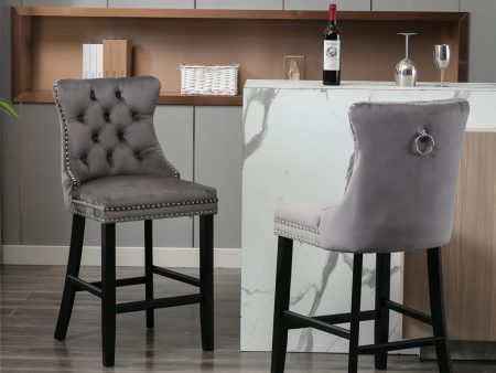 2X Velvet Bar Stools with Studs Trim Wooden Legs Tufted Dining Chairs Kitchen Online Sale