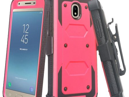 Samsung Galaxy J3 2018 Express Prime 3 Amp Prime 3 J3 Achieve J3 Star J3 Top J3 Achieve J3 Orbit J3 V 3rd Gen J3 Aura Sol 3 Case, Triple Protection 3-1 w  Built in Screen Protector Heavy Duty Holster Shell Combo Cover - Hot Pink Supply