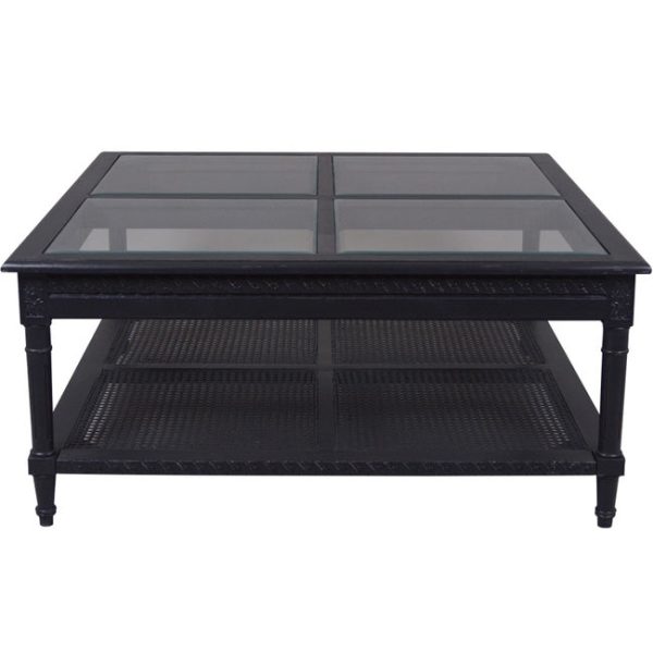 Hamptons style black coffee table with rattan shelf Online