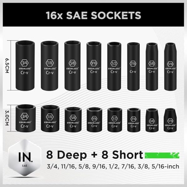 SWANLAKE 3 8  Drive Impact Socket Set, 50-Piece Standard SAE (5 16 to 3 4 inch) and Metric (8-22mm) Size, 6 Point, Cr-V, 3 8-Inch Ratchet Handle, Extension Bar, Universal Joint Online Sale