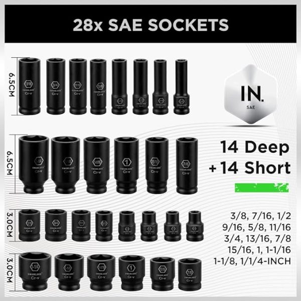 SWANLAKE 1 2  Drive Impact Socket Set, 66-Piece Standard SAE (3 8 -1-1 4 ) and Metric (8-24mm) Size, 6 Point, Cr-V, 1 2-Inch Drive Ratchet Handle, Drive Extension Bar, Impact Universal Joint on Sale