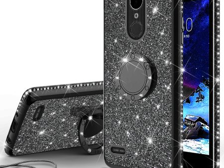 LG K10 (2018) Case, K30, Premier Pro, K10 Plus, Phoenix Plus, Xpression Plus, K10α, X4 Plus, X410, MS245, Glitter Cute Phone Case Girls Bling Diamond Rhinestone Ring Stand Luxury Clear Thin Soft Protective Cover for Girl Women - Black Sale