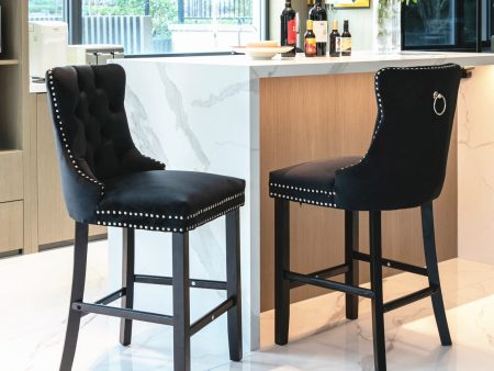 2X Velvet Bar Stools with Studs Trim Wooden Legs Tufted Dining Chairs Kitchen Online Sale