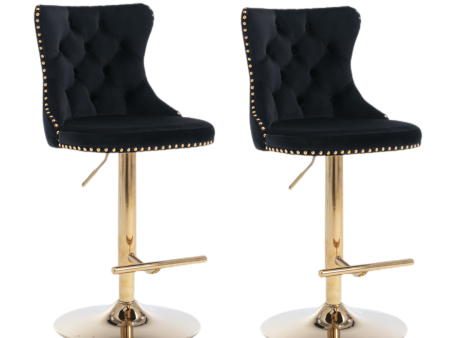 2x Height Adjustable Swivel Bar Stool Velvet Studs Barstool with Footrest and Golden Base- Black Cheap