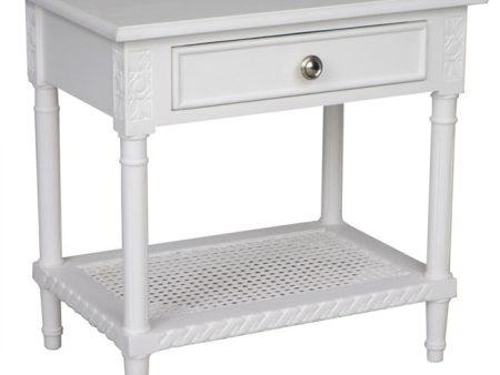 Polo Side Table Bedside White 60. Introducing the Hamptons White Bedside Table with Rattan Shelf Supply