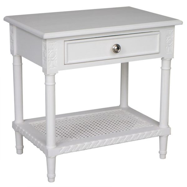 Polo Side Table Bedside White 60. Introducing the Hamptons White Bedside Table with Rattan Shelf Supply