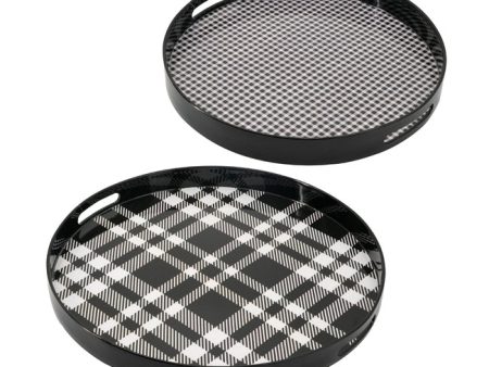 Set of 2 black and grey plaid motif round trays. Great tabletop conversation starter Hot on Sale