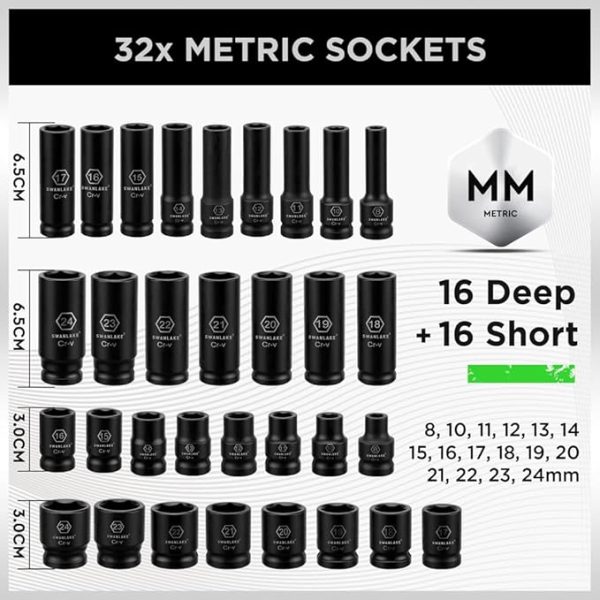 SWANLAKE 1 2  Drive Impact Socket Set, 66-Piece Standard SAE (3 8 -1-1 4 ) and Metric (8-24mm) Size, 6 Point, Cr-V, 1 2-Inch Drive Ratchet Handle, Drive Extension Bar, Impact Universal Joint on Sale