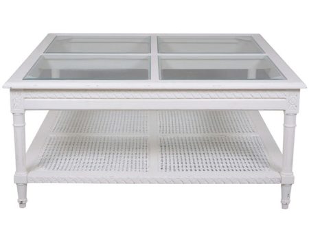 Hamptons style white coffee table with rattan shelf Cheap