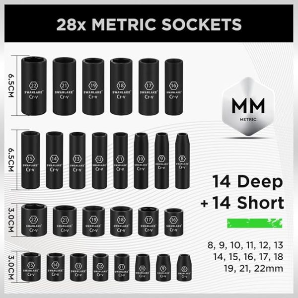 SWANLAKE 3 8  Drive Impact Socket Set, 50-Piece Standard SAE (5 16 to 3 4 inch) and Metric (8-22mm) Size, 6 Point, Cr-V, 3 8-Inch Ratchet Handle, Extension Bar, Universal Joint Online Sale