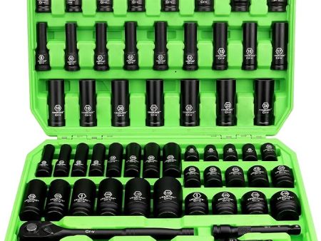 SWANLAKE 1 2  Drive Impact Socket Set, 66-Piece Standard SAE (3 8 -1-1 4 ) and Metric (8-24mm) Size, 6 Point, Cr-V, 1 2-Inch Drive Ratchet Handle, Drive Extension Bar, Impact Universal Joint on Sale