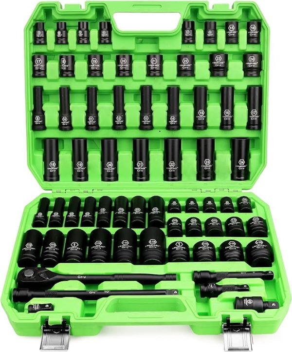 SWANLAKE 1 2  Drive Impact Socket Set, 66-Piece Standard SAE (3 8 -1-1 4 ) and Metric (8-24mm) Size, 6 Point, Cr-V, 1 2-Inch Drive Ratchet Handle, Drive Extension Bar, Impact Universal Joint on Sale