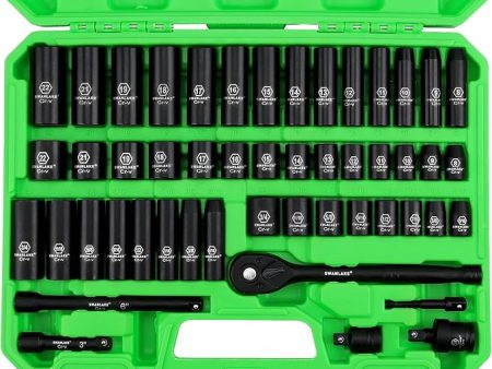 SWANLAKE 3 8  Drive Impact Socket Set, 50-Piece Standard SAE (5 16 to 3 4 inch) and Metric (8-22mm) Size, 6 Point, Cr-V, 3 8-Inch Ratchet Handle, Extension Bar, Universal Joint Online Sale