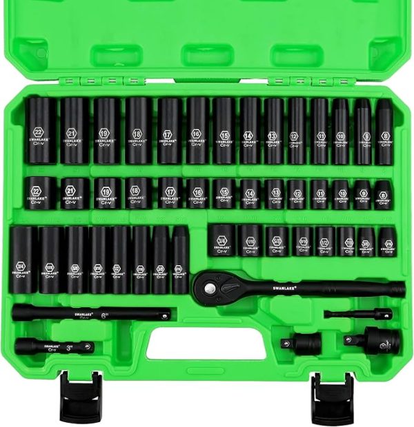 SWANLAKE 3 8  Drive Impact Socket Set, 50-Piece Standard SAE (5 16 to 3 4 inch) and Metric (8-22mm) Size, 6 Point, Cr-V, 3 8-Inch Ratchet Handle, Extension Bar, Universal Joint Online Sale