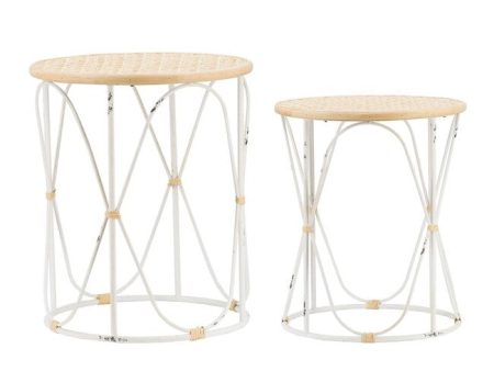 Set of 2 Bamboo Weave Iron Side Tables Distressed White Hot on Sale