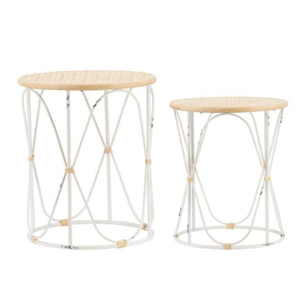 Set of 2 Bamboo Weave Iron Side Tables Distressed White Hot on Sale