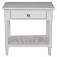 Polo Side Table Bedside White 60. Introducing the Hamptons White Bedside Table with Rattan Shelf Supply