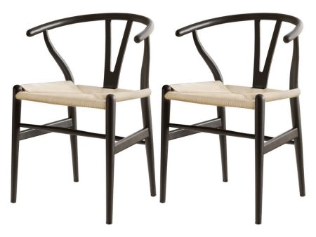 1 Set of 2 Artiss Dining Chairs Wooden Rattan Wishbone Black Supply