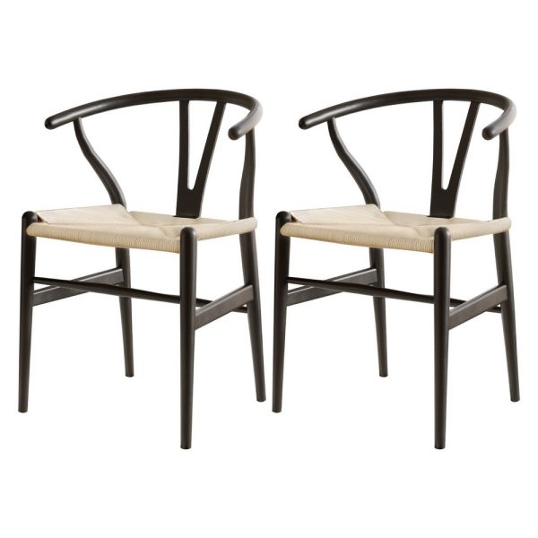 1 Set of 2 Artiss Dining Chairs Wooden Rattan Wishbone Black Supply