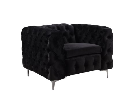 Single Seater Black Sofa Classic Armchair Button Tufted in Velvet Fabric with Metal Legs Fashion