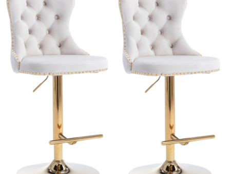 2x Height Adjustable Swivel Bar Stool Velvet Studs Barstool with Footrest and Golden Base- Beige Supply