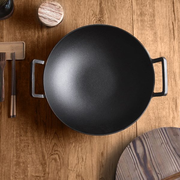 SOGA 36CM Commercial Cast Iron Wok FryPan with Wooden Lid Fry Pan For Cheap