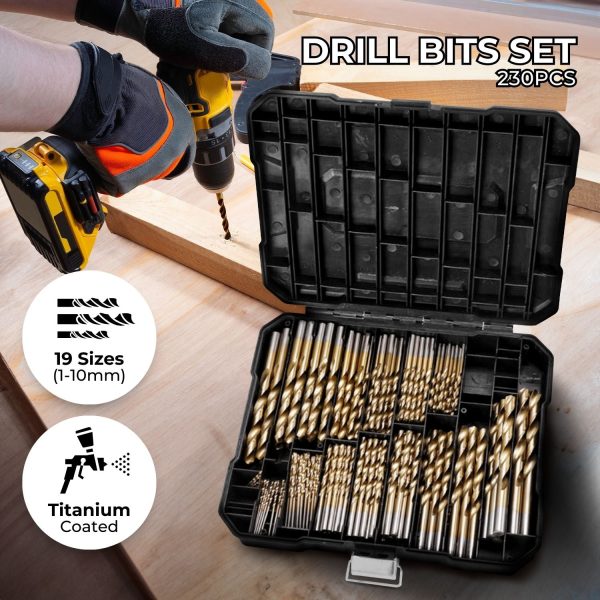 RYNOMATE 230 pcs Drill Bits Set with Black Plastic Case (Gold) Online