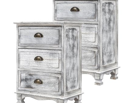 2X Bedside Table 3 Drawer Vintage Side Table Storage Cabinet Bedroom CLARA GREY Cheap