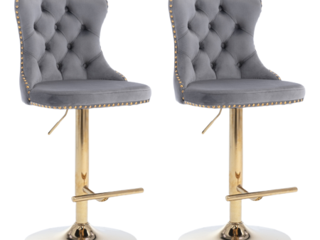 2x Height Adjustable Swivel Bar Stool Velvet Studs Barstool with Footrest and Golden Base- Grey Fashion