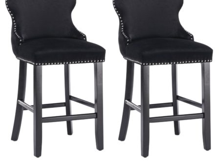 2x Velvet Upholstered Button Tufted Bar Stools with Wood Legs and Studs-Black Online Sale