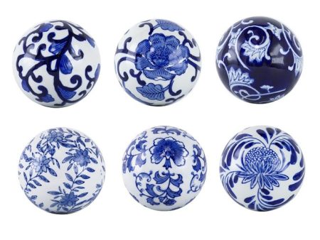 Aline Blue & White Decorator set of 6 balls. Ceramic blue & white decorator balls. This set of spheres adds an adaptable, stylish aesthetic For Sale