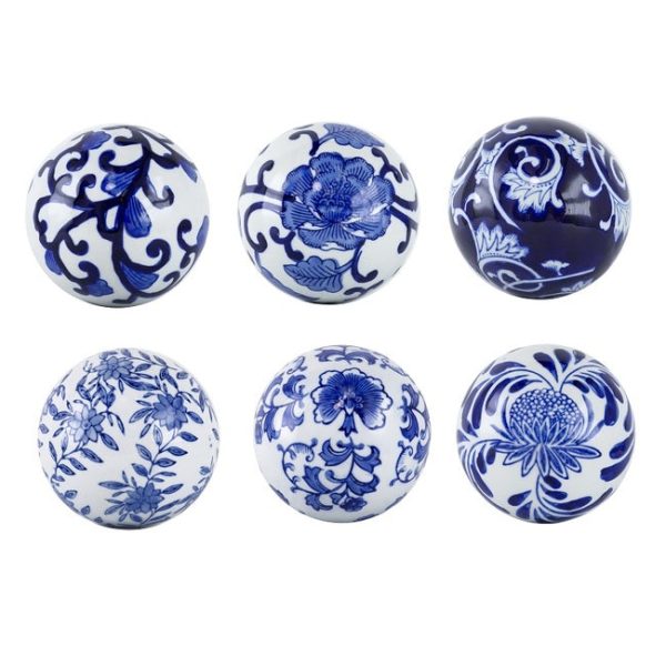 Aline Blue & White Decorator set of 6 balls. Ceramic blue & white decorator balls. This set of spheres adds an adaptable, stylish aesthetic For Sale