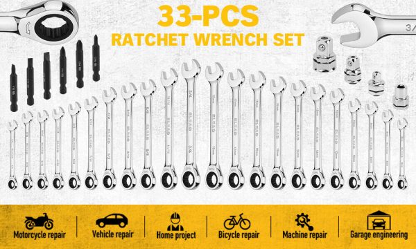 ELEAD 33Pcs Ratchet Wrench Set SAE Metric Wrench Phillips Slotted Bits Adapter For Cheap