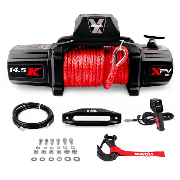 X-BULL 4WD Electric Winch 14500LBS 12V synthetic rope with 2 Pairs Recovery Tracks Gen2.0 Red Sale