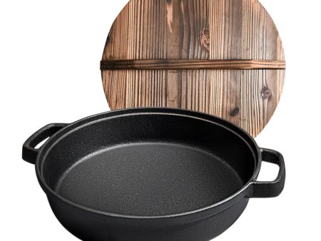 SOGA 29cm Round Cast Iron Pre-seasoned Deep Baking Pizza Frying Pan Skillet with Wooden Lid Online now