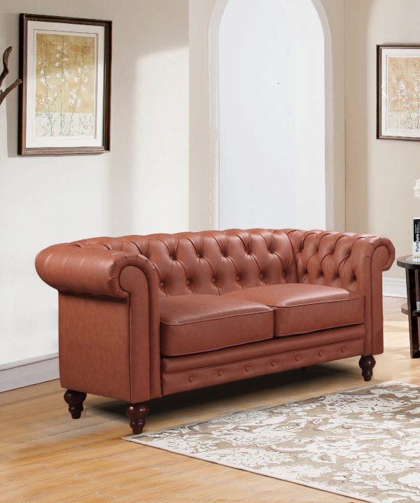 2 Seater Brown Sofa Lounge Button Tufted in Faux Leather For Cheap