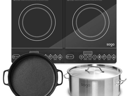 SOGA Dual Burners Cooktop Stove 30cm Cast Iron Skillet and 14L Stainless Steel Stockpot on Sale