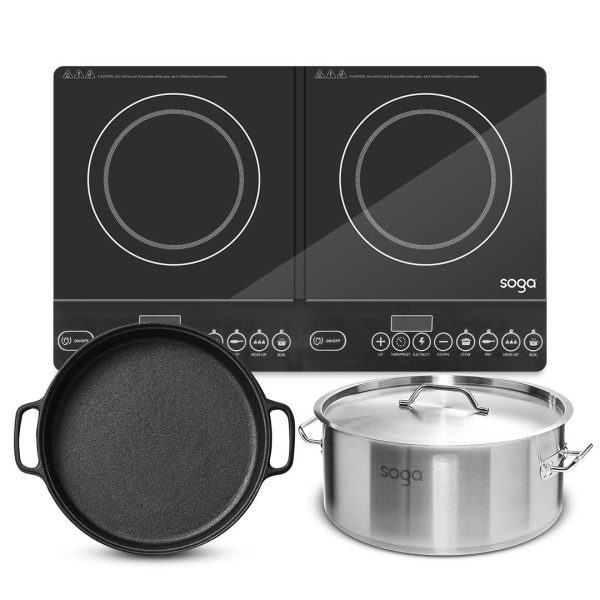 SOGA Dual Burners Cooktop Stove 30cm Cast Iron Skillet and 14L Stainless Steel Stockpot on Sale