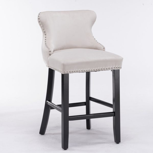 2x Velvet Upholstered Button Tufted Bar Stools with Wood Legs and Studs-Beige Online now