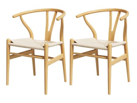 1 Set of 2 Artiss Dining Chairs Wooden Rattan Seat Wishbone Back Sale