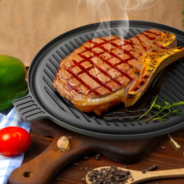 SOGA 43cm Round Ribbed Cast Iron Frying Pan Skillet Steak Sizzle Platter with Handle on Sale