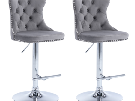 2x Height Adjustable Swivel Bar Stool Velvet Stud Barstool with Footrest and Chromed Base- Gray Online