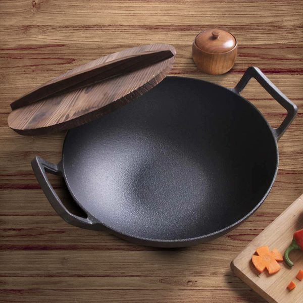 SOGA 36CM Commercial Cast Iron Wok FryPan with Wooden Lid Fry Pan For Cheap