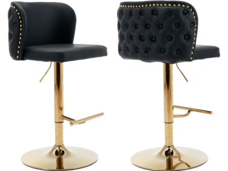 2x Faux Leather Golden Base Swivel Bar Stools- Black Discount