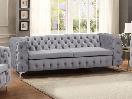 3 Seater Sofa Classic Button Tufted Lounge in Grey Velvet Fabric with Metal Legs Hot on Sale