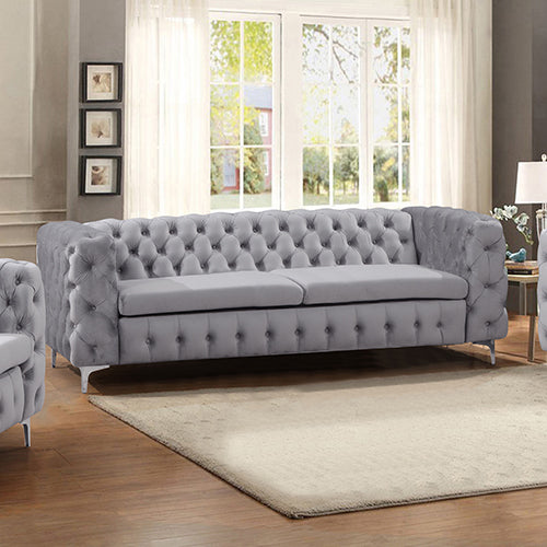 3 Seater Sofa Classic Button Tufted Lounge in Grey Velvet Fabric with Metal Legs Hot on Sale