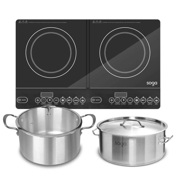 SOGA Dual Burners Cooktop Stove 14L Stainless Steel Stockpot and 28cm Induction Casserole Online now