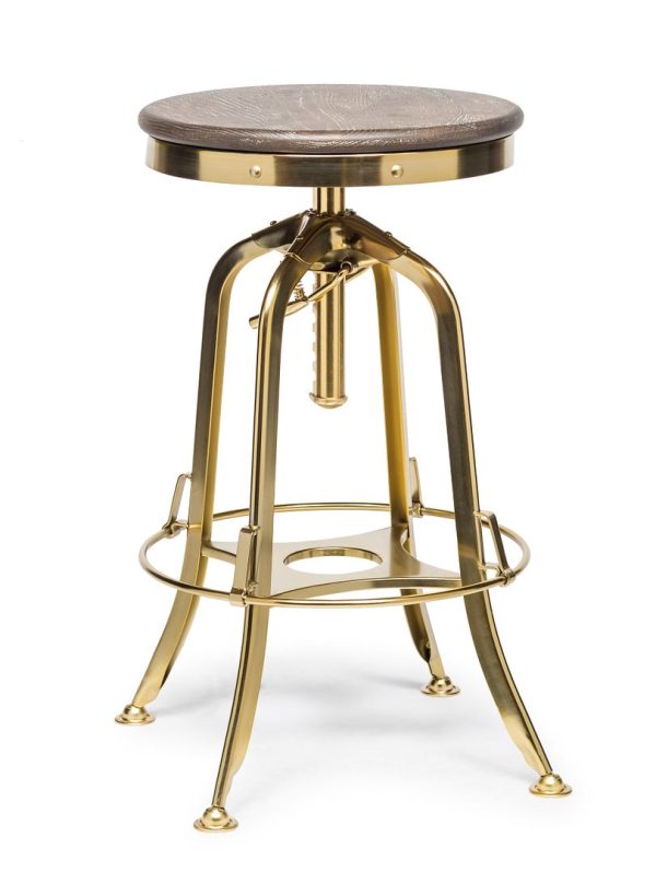 Industrial Height Adjustable Swivel Bar Stool with Oak Wood Top - Gold Finish Cheap