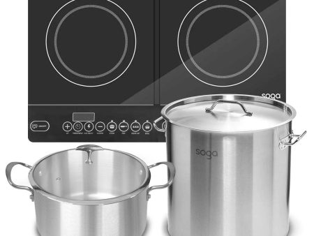 SOGA Dual Burners Cooktop Stove 21L Stainless Steel Stockpot 30cm and 30cm Induction Casserole Sale