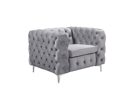 Single Seater Grey Sofa Classic Armchair Button Tufted in Velvet Fabric with Metal Legs Fashion